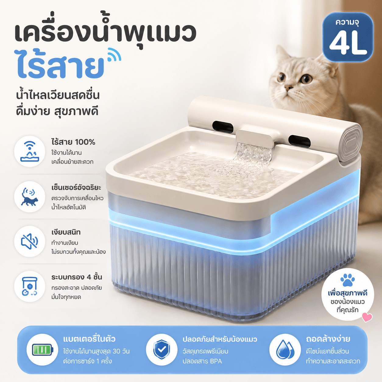 น้ำพุแมวอัตโนมัติ ไร้สาย ขนาด 4L