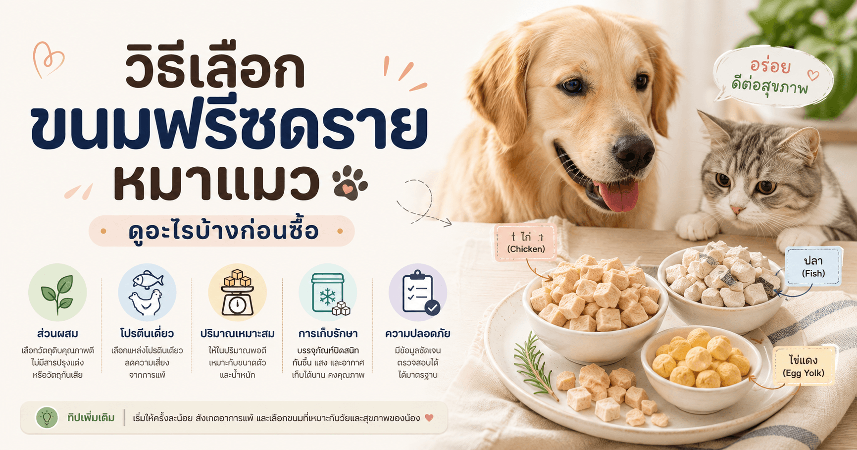 ขนมฟรีซดรายสำหรับหมาแมว พร้อมตัวอย่างอกไก่ ปลา และไข่แดง และแนวทางเลือกส่วนผสม ปริมาณ การเก็บรักษา และความปลอดภัยก่อนซื้อ